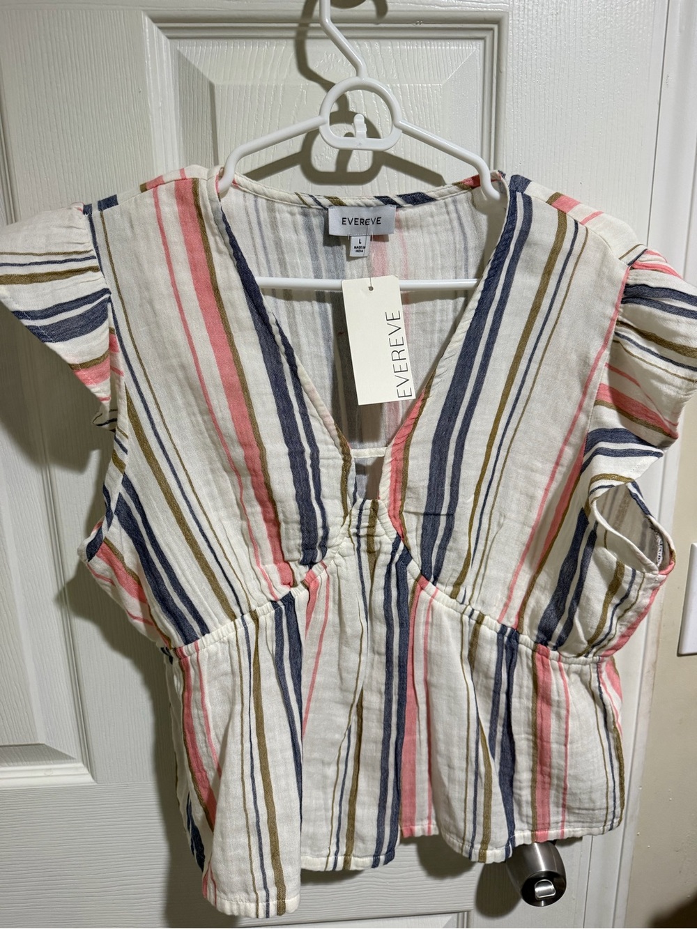 Evereve Cream Striped V-Neck Peplum Blouse with Pink and Navy